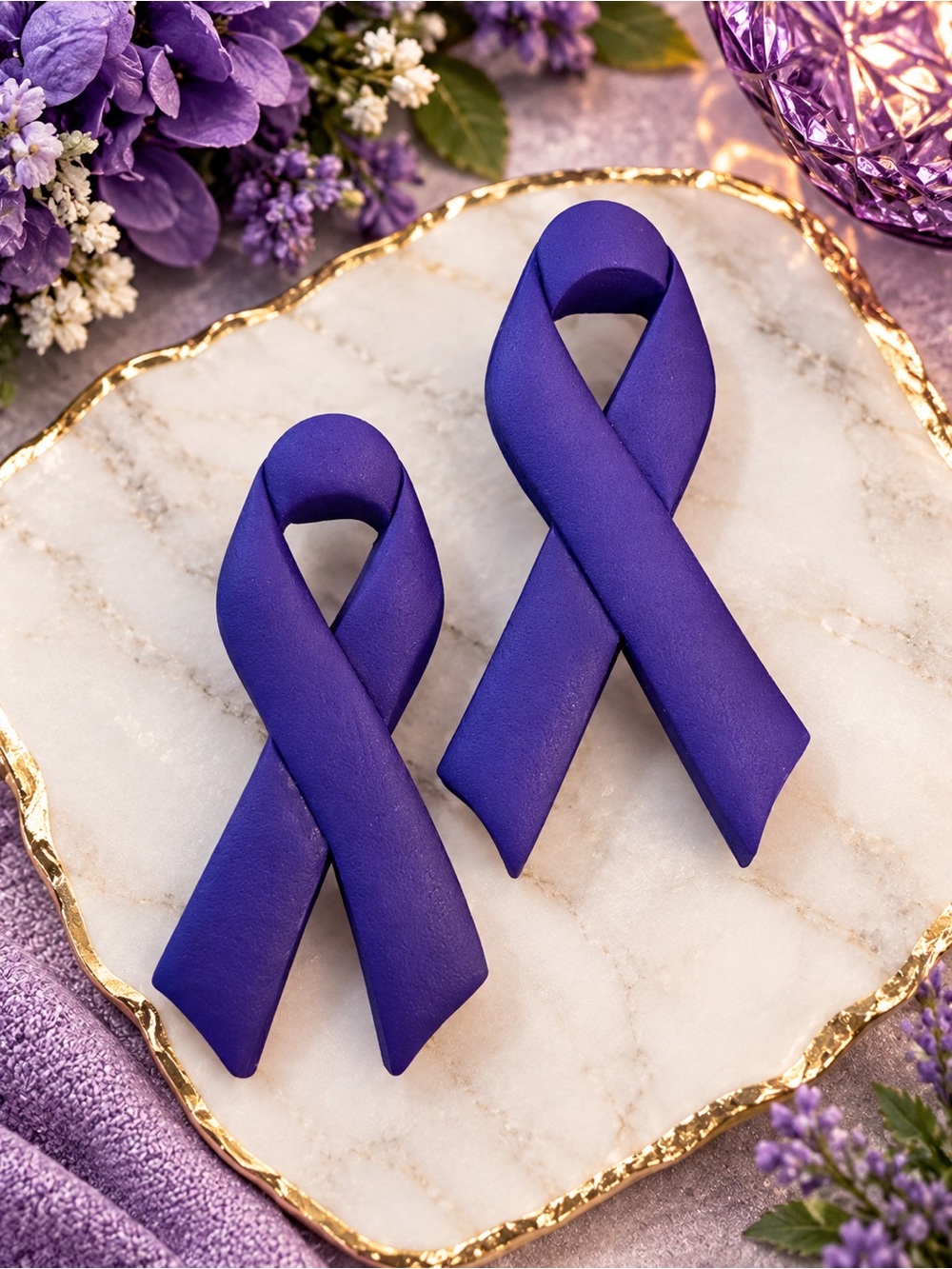 Handmade Purple Awareness Ribbon Earrings - Women Accessories